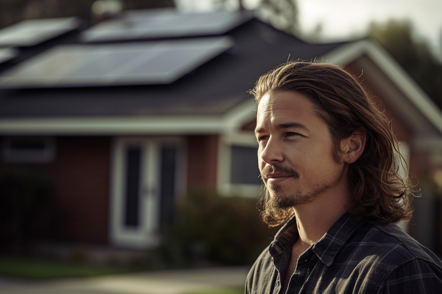 Solar homeowner stands in front of house with solar panels in background