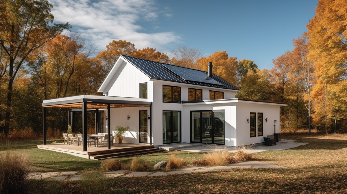 Solar panels on white farmhouse